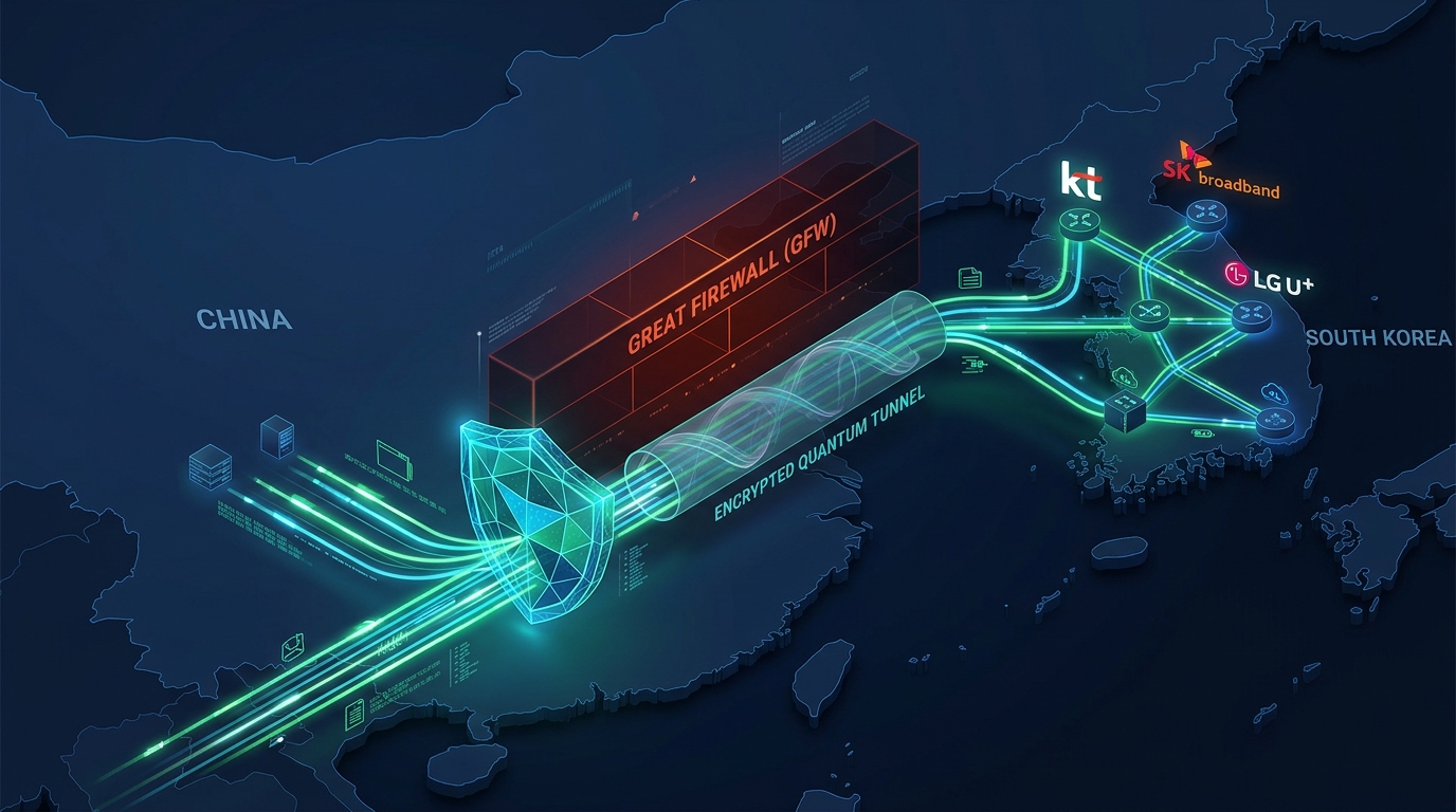 [TITAN VPN Architecture] Multi-encrypted tunnels bypassing GFW censorship directly into Korean KT, SKB, and LG U+ backbones.